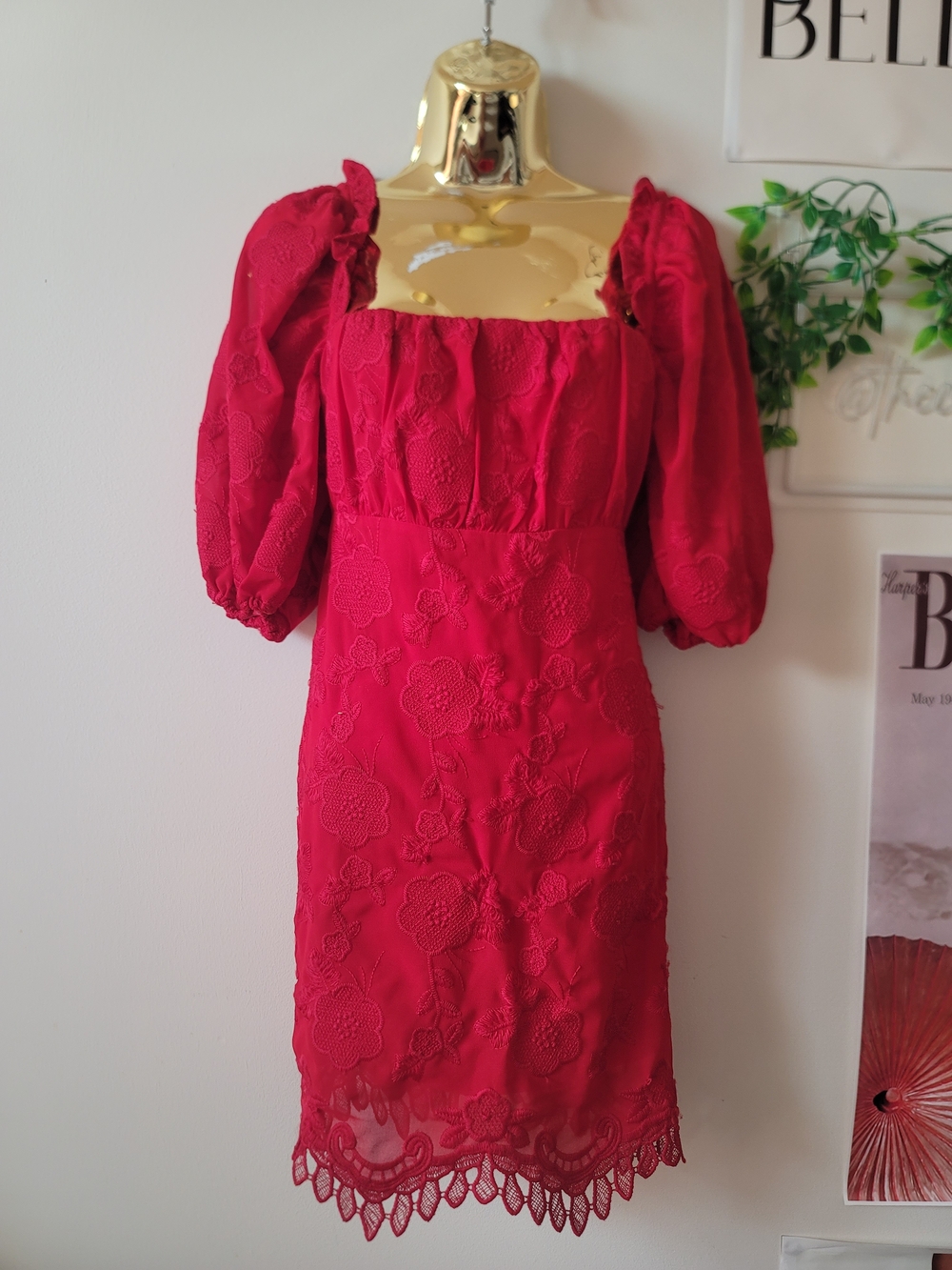 Lovers + Friends Red Floral Lace Midi Dress with Puff Sleeves